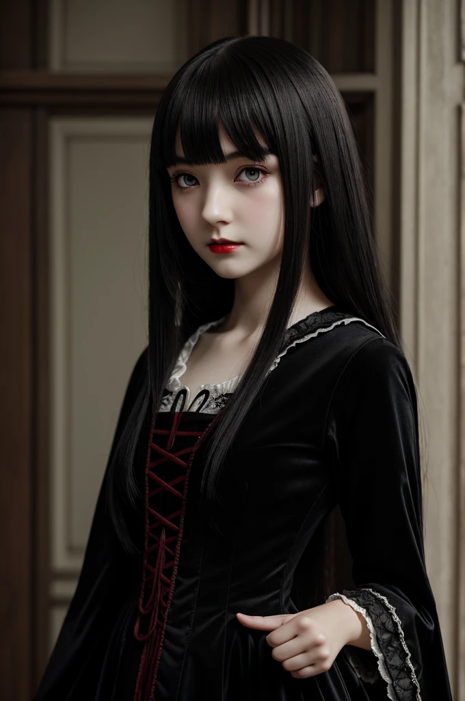 A dark haired anime girl, straight and long with straight fringe, gloomy appearance of black pupils and sclerae with pale skin, victorian dress with wine and black tone, Red lips 