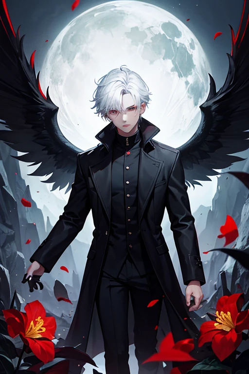alone, handsome, 1 man, black coat, short hair, white hair, conjunctivitis, black light, Black wings, red sickle, red flower, skull