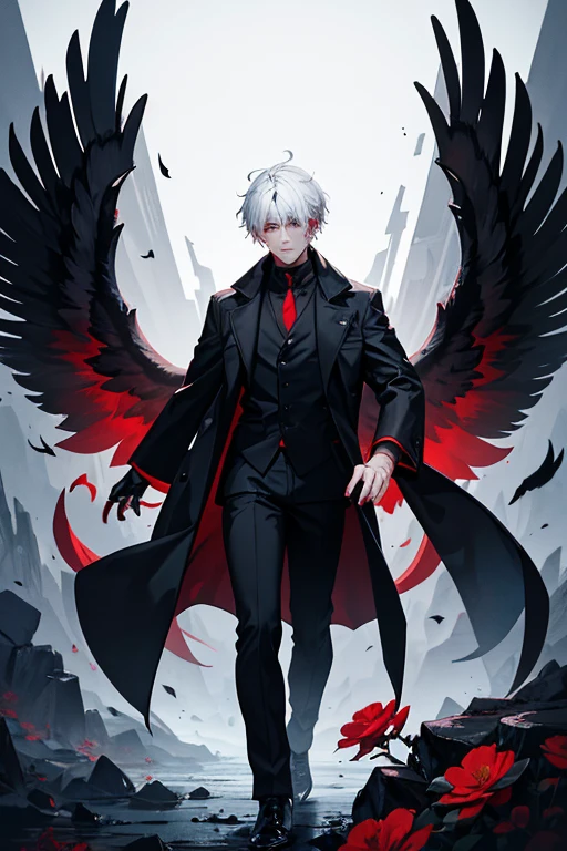 alone, handsome, 1 man, black coat, short hair, white hair, conjunctivitis, black light, Black wings, red sickle, red flower, skull