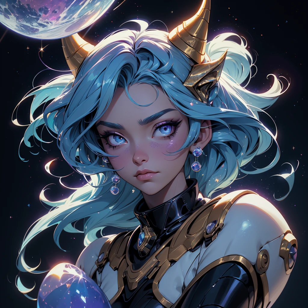 A space dragon sitting at the edge of the universe, lonely, sad, void, stars, the stars mixed in the sea, a sea of stars, ethereal woman, Blue and purple hair , space buns, space outfit, white black and gold outfit, golden dragon horns and tail, space outfit, space suit, mass effect suit, perfectly drawn face, black dress, stars detailed background, prismatic lighting, glitter, whole body, walking on the stars with crystal shoes A beautiful dragon humanoid woman with space hair of variant shades of blue and purple with space buns in hair , Golden scanes on the face and shoulders, Anime, 4k, Beautiful woman with a golden dragon tail and horns, Space hair, Floating in space, Vintage space Attire, floating through space, dancing, havign fun, Space Witch, Witch, Older woman, Toned physique, long hair with side bangs, humanoid face with scales, human with dragon horns and tail, witch outfit, body suit, thigh boots, wearing black, white and gold, blue hair, purple hair, Woman in space with water rippling reflecting the night sky, space and water mixed today, dancing in space, floating, ethereal dragon at the edge of the universe, end of the universe