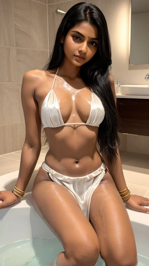 Indian 25 year old , black very long hair, small breasts, slim abs, white skin, silk top only, full body portrait, bathroom, realistic lighting, bathing scene, sitting, open breasts, bangles on hands, a nude man watching her,