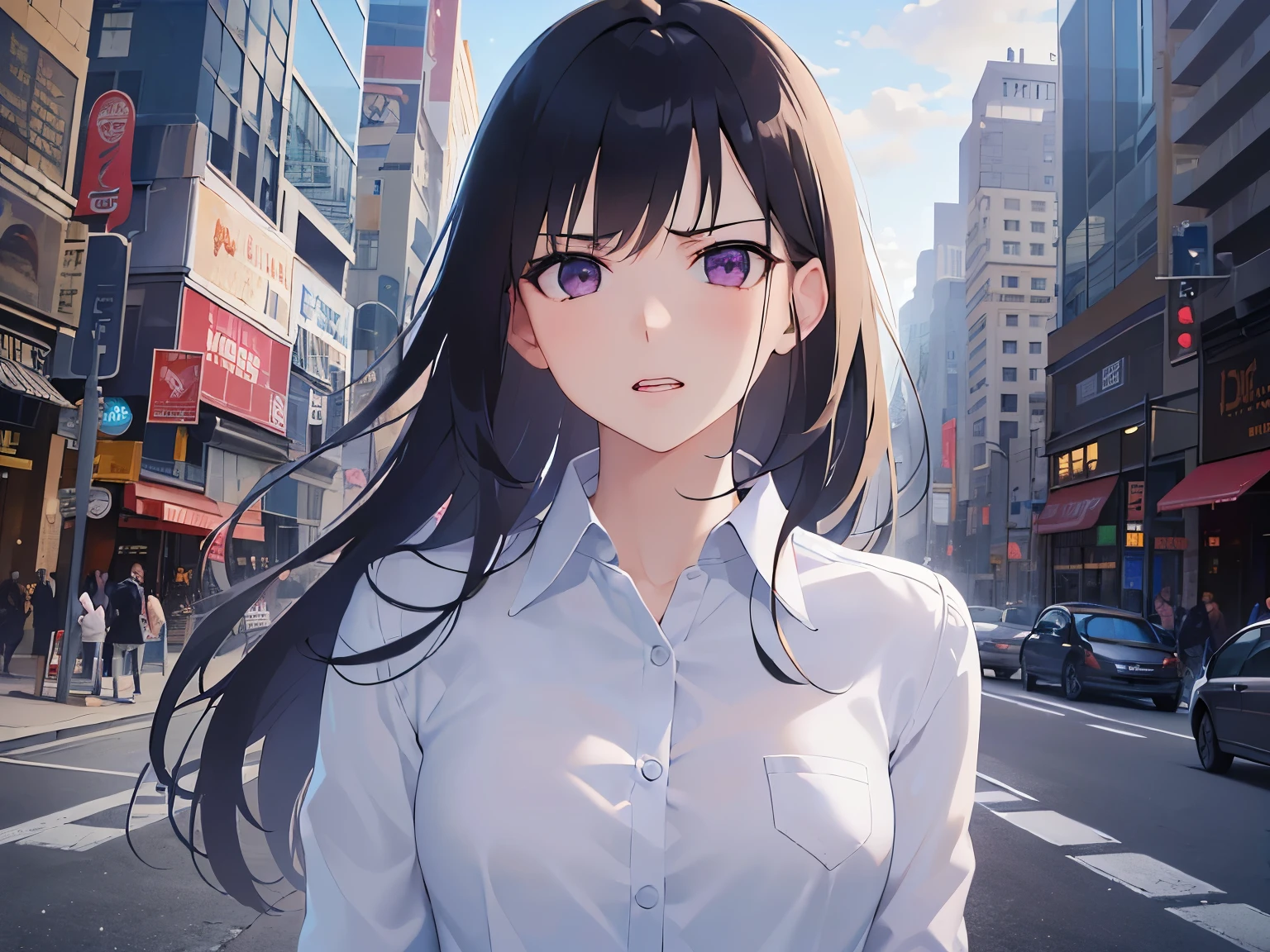 Detailed CG, Ultra-fine illustrations,masterpiece,Highest quality, AW Photos,Realistic,Upper Body,BREAK(White collared shirt:1.5)BREAK,(Pale skin:1.2),Glossy skin, shiny hair,(A 26-year-old woman with straight hair and bangs)and(Medium Hair)and(Black Hair)and(Purple eyes),(angry:1.3)(Glare:1.1),(Biologically correct５Finger),The background is the city, (looking away:1.5),Upper Body,alone