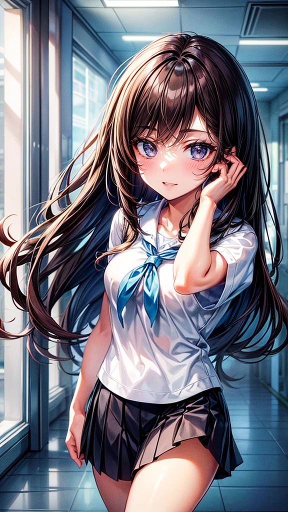 A beautiful 18-year-old girl looks at the viewer, long beautiful dark brown hair, beautiful light blue eyes, white and blue school shirt, blue-black school skirt, medium breast, cute face, gentle eyes, light smile, school hallway, anime, high detail, ultra-high quality, 8K