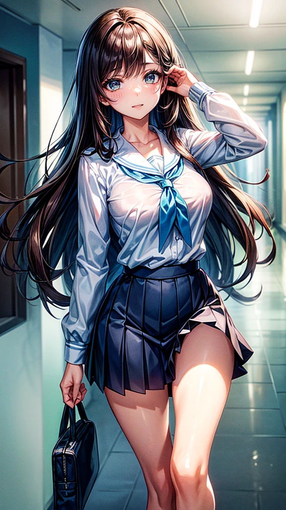A beautiful 18-year-old girl looks at the viewer, long beautiful dark brown hair, beautiful light blue eyes, white and blue school shirt, blue-black school skirt, medium breast, cute face, gentle eyes, light smile, school hallway, anime, high detail, ultra-high quality, 8K