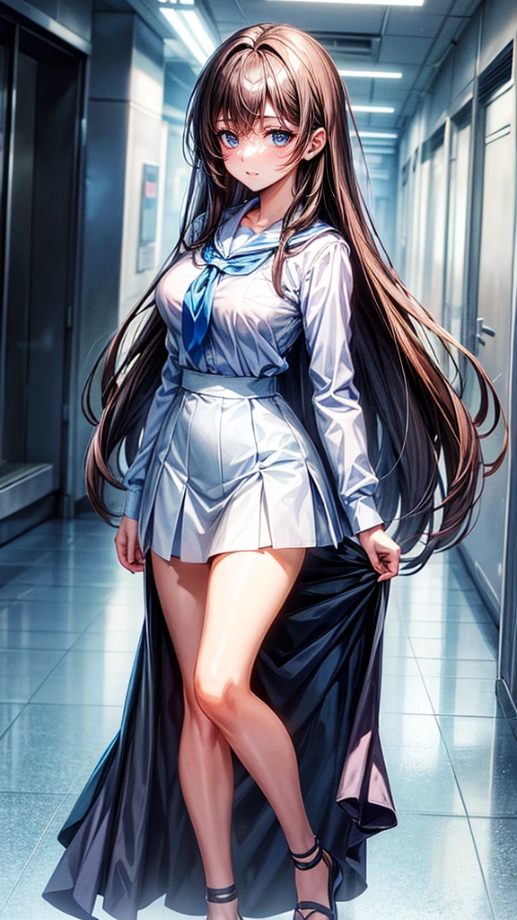 A beautiful 18-year-old girl looks at the viewer, long beautiful dark brown hair, beautiful light blue eyes, white and blue school shirt, blue-black school skirt, medium breast, cute face, gentle eyes, light smile, school hallway, anime, high detail, ultra-high quality, 8K