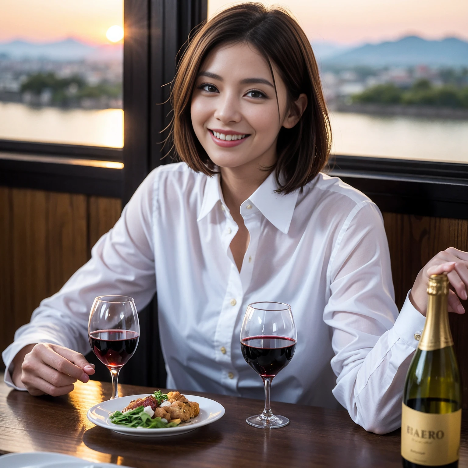 ((Highest quality、8K、masterpiece:1.3))、 (Ultra-realistic、 Genuine、Bright image、Intricate details:1.2), 最高のsmile、Slim Beauty、1 male 1 female、Beautiful couple、love love love、Lovers in Kyoto、Good friends、actress couple、smile、Full-course dinner at a packed table、 (Slim face), (the body is slim), (Brown Hair), (short hair), テーブルのwine glass、Please shine a light on my face、 Amazing view of the sunset sky and clouds、42 years old 39 years old, red wine 、Appetizers、Wine bottle、sparkling wine、Long sleeve shirt、dress、White wine, red wine, wine glass,