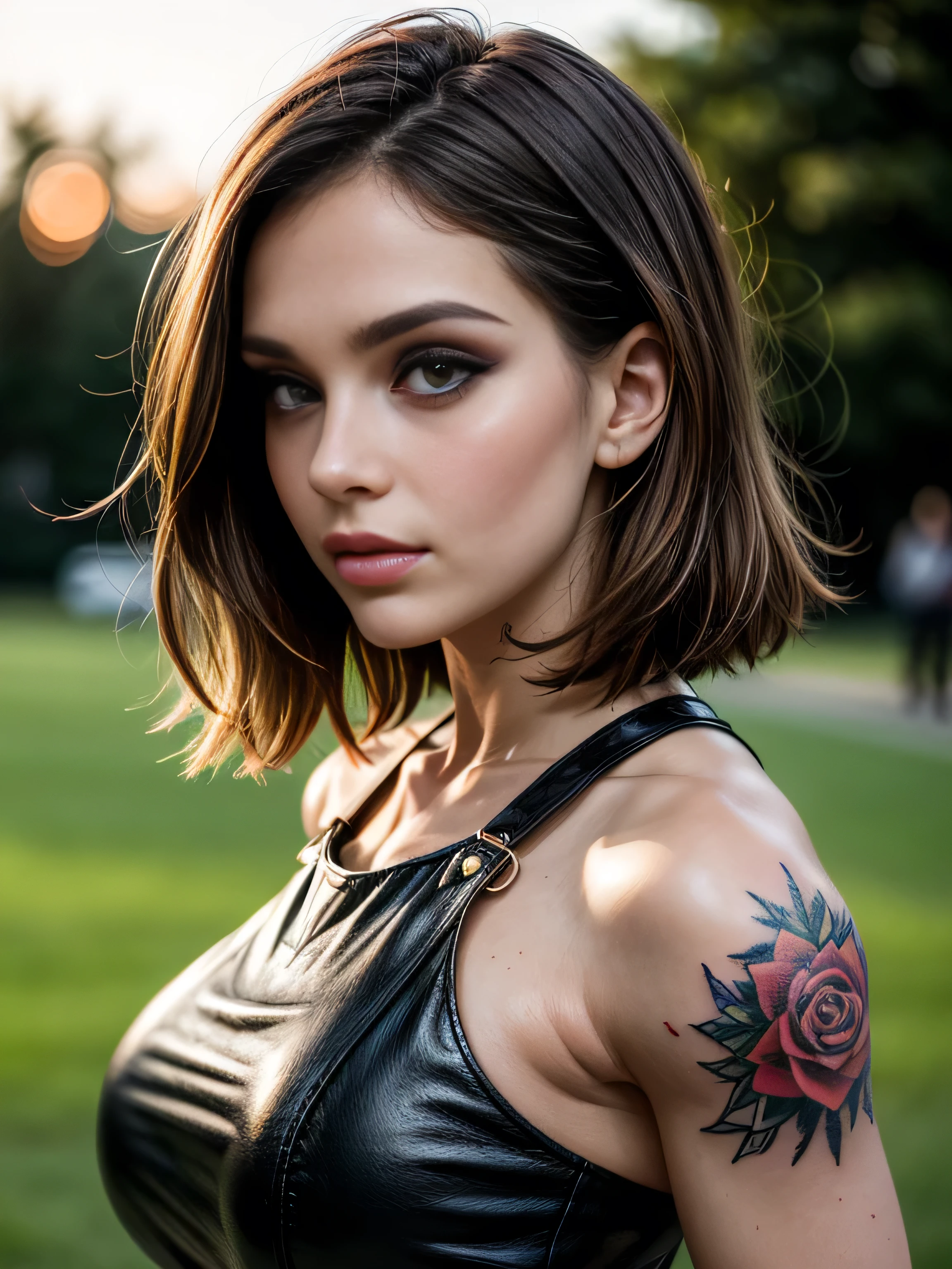 (masterpiece, photorealistic:1.4, extremely intricate:1.3, radiosity, photon mapping, dtx), ((20 year old muscular supermodel, ((25 years old), tattoo:1.2, serious, long eyelashes, makeup:1.3), black leather coat, black leather pants, white flowerprint sportsbra, ((chrome rivets, side view:0.8)))), ((([skin detail:freckles:0.8], portrait, closeup))), outdoor, park, faraway lake, professional photograph, (short bob hair [black hair:bright ginger hair:0.2], wind), BREAK ((sunset), bokeh, blurry background), BREAK, ((([medium breasts:large breasts:0.5])))