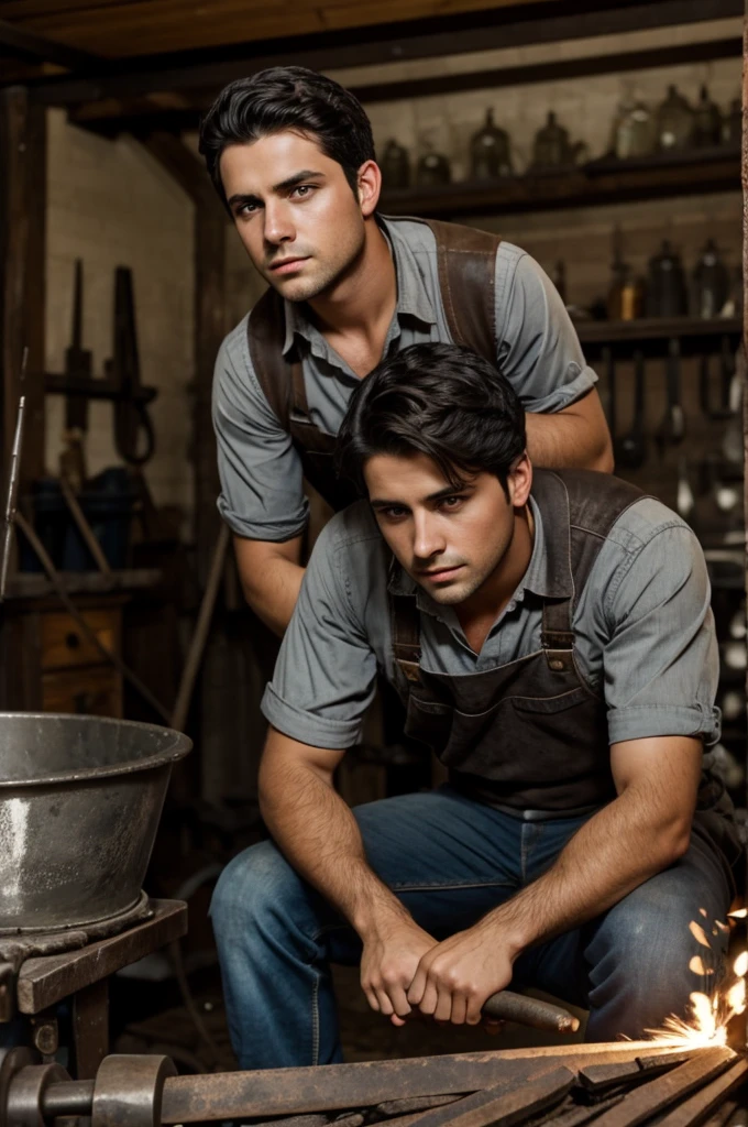 A young man with dark hair and determined eyes, that is in a blacksmith shop