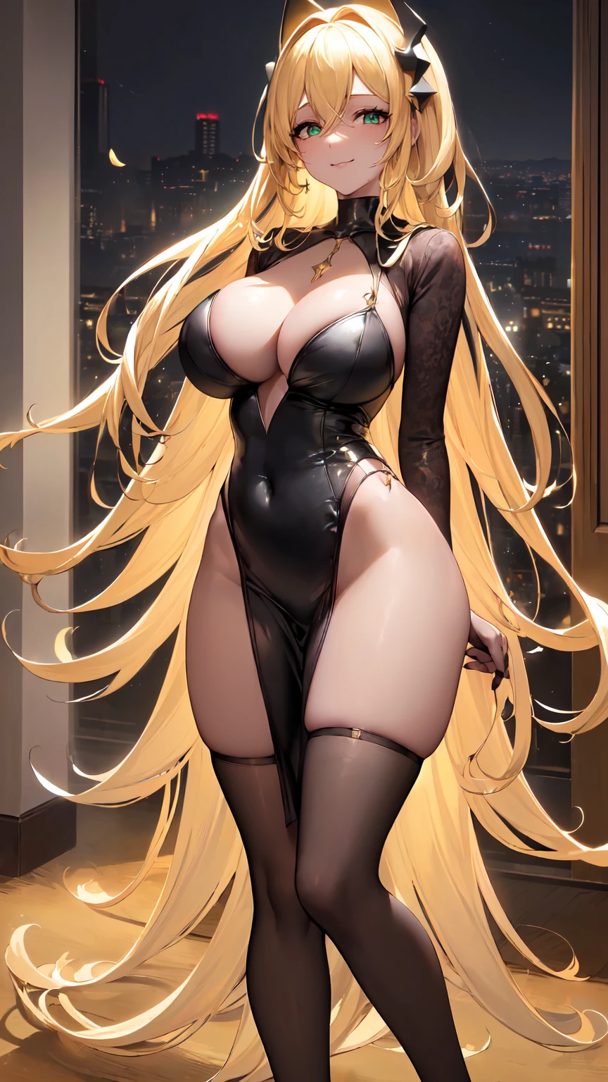 ((((Obra maestra, La mejor calidad, ultrahigh resolution)))), 1girl, standing,), ((long pure blonde hair, hair over eye)), long hair cut, shiny skin, ((green eyes)), glowing_eyes, neon eyes, (ultra detailed eyes:0.7, beautiful and detailed face, detailed eyes:0.9), ((centered)), smirk, facing viewer, ((vibrant background, dark lighting, summer, sunlight)), large chested, looking at viewer, ((half closed eyes)), ((perfect hands)), (((head:1, arms, hips in view, elbows, in view))), ((hands behind back)), empty eyes, beautiful lighting, ((outside, outdoors)), defined subject, head tilt, (((gritty)), ((creepy)), ((cool)), ((beautiful)), (((NSFW))), hair ornament, petals in the air, moon in the sky, city, woman, adult woman, dark gold night dress, night dress, she is a princess, smiling, fullbody, fullbody shot, she looks spicy,y dressttractive woman, dynamite body, wide hips,