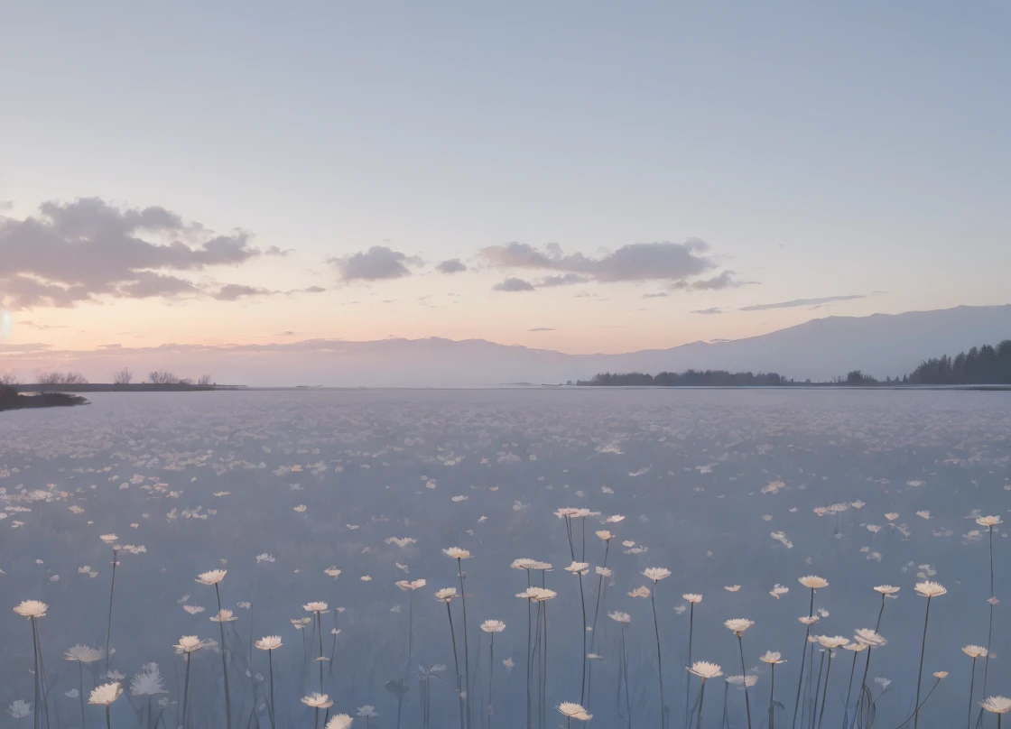 masterpiece of materpieces, PHOTOREALITIC, DENSE MIST. Smokey skies cast eerie light in the Anthropocene on a lake surrounded by cherry blossom trees, snow falling, pink dandelions covered in snow in enchanted forest, heavy mist and fog over the lake, fairy tale vibes, petals floating, dreamy looking, Sun burning like fire. Stars on the sky. Field filled with white flowers. PHOTOREALISTIC and cinematic. Nikon Z9