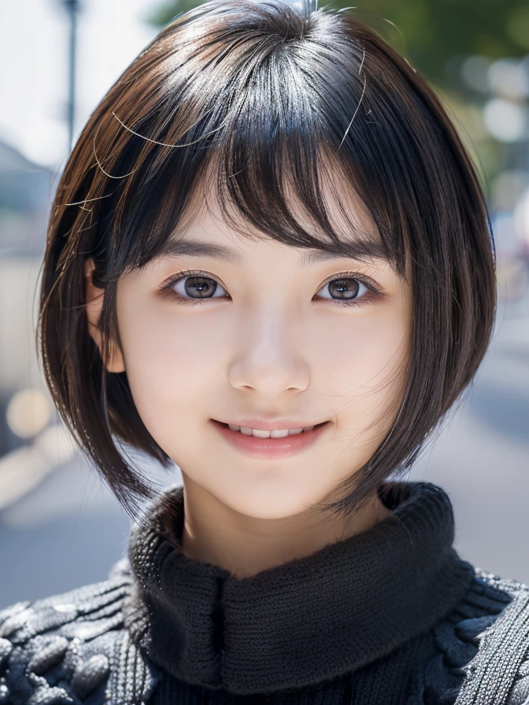 Best-Quality, Masterpiece, Ultra-High-Resolution, (Photorealistic:1.4), Raw-Photo, Hyper-Detailed, 1girl, (15-years-old, Japanese famous idol, wearing loose sweater, portrait, face focus, (twinkle smile, looking at viewer), ((extremely cute face like a the most popular Japanese idol, amazingly beautiful big black eyes, beautiful black short-cut-haired, very beautiful white realistic skins)), detailed face, detailed eyes, detailed hair, detailed white realistic skins