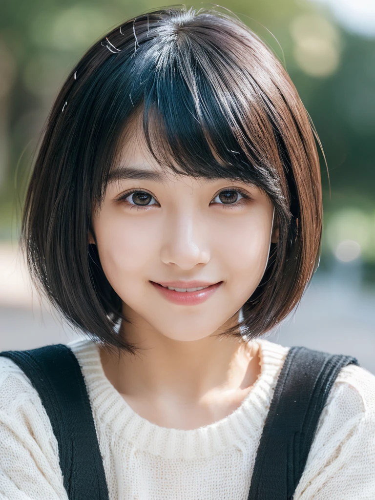 Best-Quality, Masterpiece, Ultra-High-Resolution, (Photorealistic:1.4), Raw-Photo, Hyper-Detailed, 1girl, (15-years-old, Japanese famous idol, wearing loose sweater, portrait, face focus, (twinkle smile, looking at viewer), ((extremely cute face like a the most popular Japanese idol, amazingly beautiful big black eyes, beautiful black short-cut-haired, very beautiful white realistic skins)), detailed face, detailed eyes, detailed hair, detailed white realistic skins