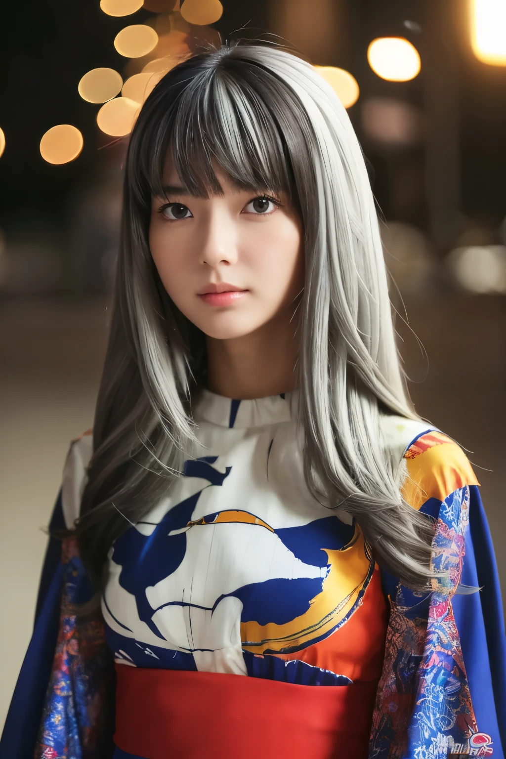 Masterpiece, high quality, high resolution, 8K, (solo:1.2), ((1girl)), Japanese woman, detailed face, detailed eyes, correct body structure, upper body, ((White hair:1.2)), very long hair, messy hair, slender body, seductive silhouette, luminous bones, depth of field, dark photo at nighttime, dimly lit, bangs, Cinematic Lighting, Tyndall effect, abstract background, futuristic outfits, vibrant colors, modern style, wide sleeves, artistic, unique patterns, colorful, stylish, trendy