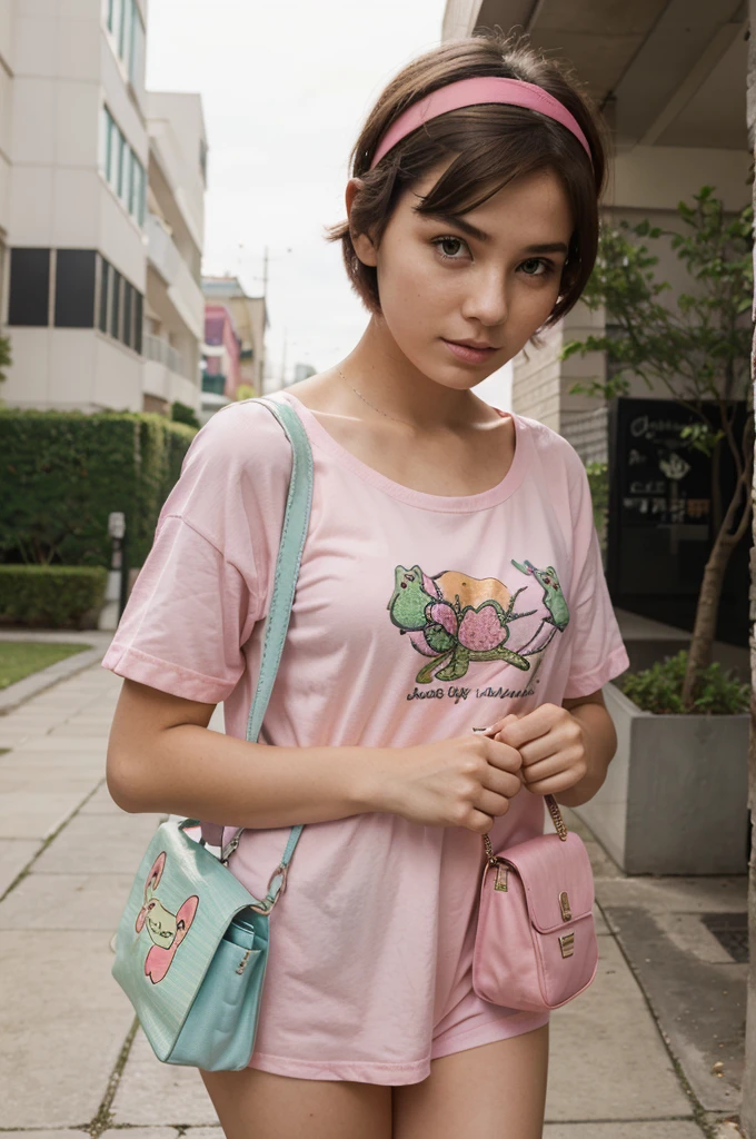 Beautiful girl with short hair wearing a headband, a pink bag and a frog shirt