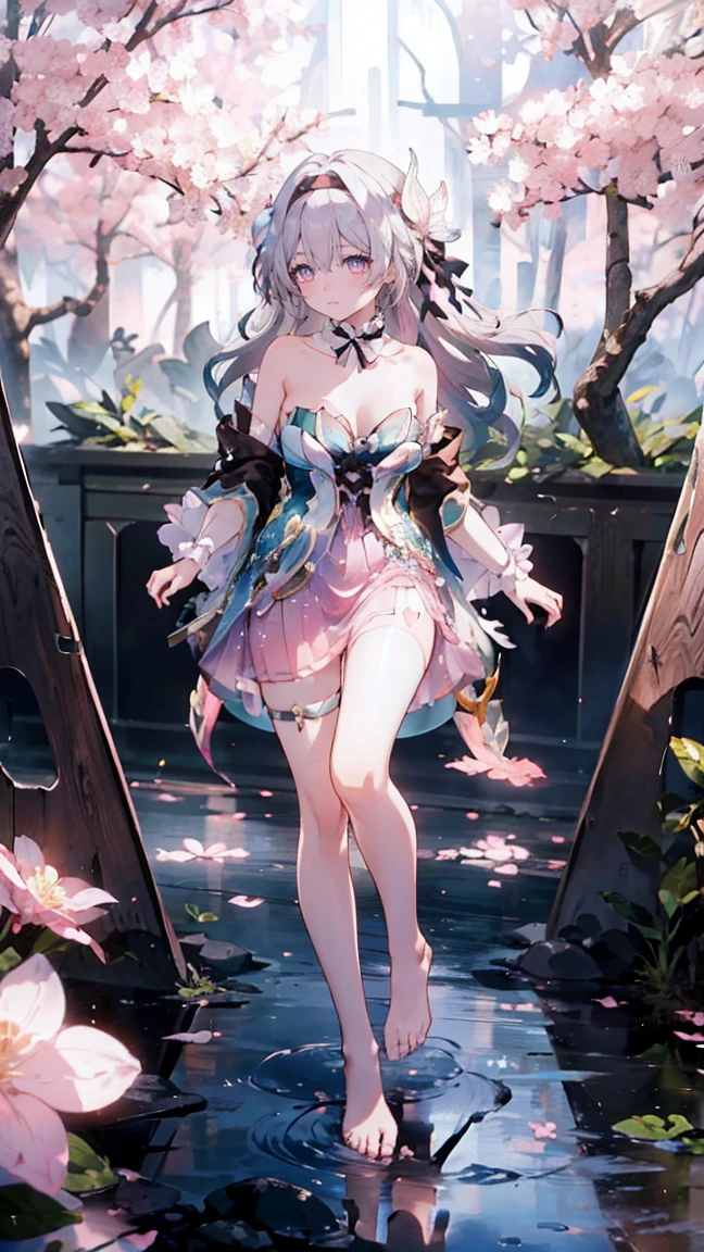 Bare feet,(Pink strapless dress :1.5), silver Long hair, black _ hair band, X-shaped _ eyebrows, hair band, POE _ Hair, bangs, bare shoulders, full body shot, white stockings,(Peach Blossom Forest 1.5)