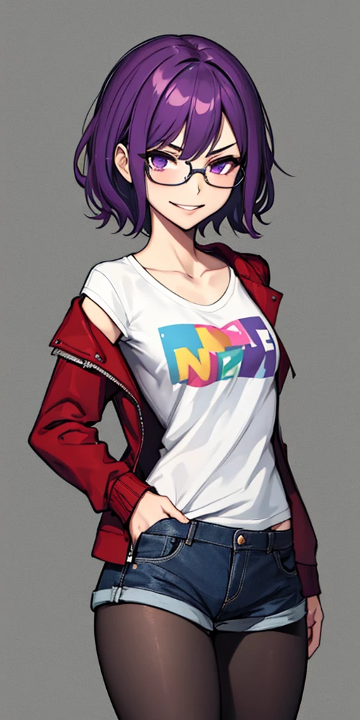 (masterpiece), best quality, expressive eyes, highres, anatomically correct, 1girl, perfect face, perfect hands, female, short hair, messy hair, wavy hair, purple hair, side bang, purple eyes, fair skin, medium chest, slight smirk, purple glasses, casual wear, cowboy shot, half body, perfect ???????, shorts, graphic t-shirt, jacket, casual wear, pantyhose, 
