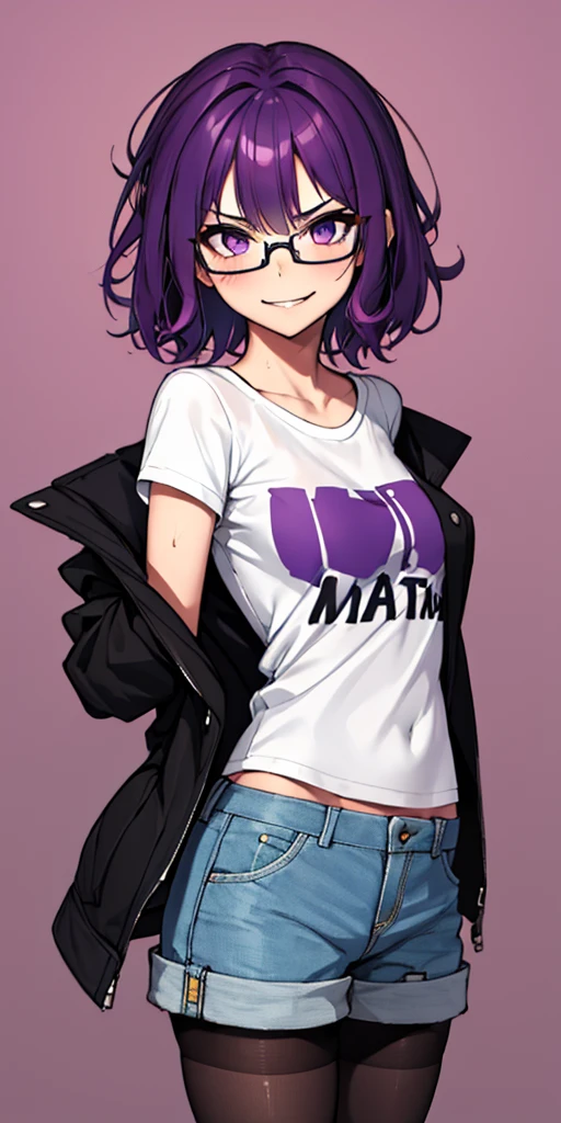 (masterpiece), best quality, expressive eyes, highres, anatomically correct, 1girl, perfect face, perfect hands, female, short hair, messy hair, wavy hair, purple hair, side bang, purple eyes, fair skin, medium chest, slight smirk, purple glasses, casual wear, cowboy shot, half body, perfect anatomy, shorts, graphic t-shirt, jacket, casual wear, pantyhose,