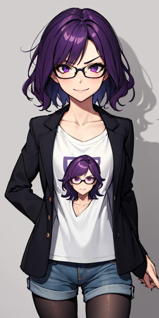 (masterpiece), best quality, expressive eyes, highres, anatomically correct, 1girl, perfect face, perfect hands, female, short hair, messy hair, wavy hair, purple hair, side bang, purple eyes, fair skin, medium chest, slight smirk, purple glasses, casual wear, cowboy shot, half body, perfect anatomy, shorts, graphic t-shirt, jacket, casual wear, pantyhose,