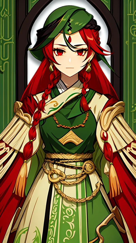 Red eyes, loose hair, fringe, two small braids, redhead, traditional arabic clothing, green clothes, shine in eyes
