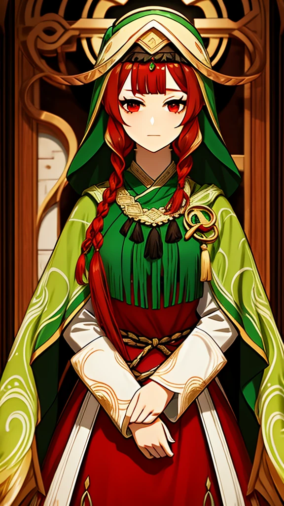 Red eyes, loose hair, fringe, two small braids, redhead, traditional arabic clothing, green clothes, shine in eyes
