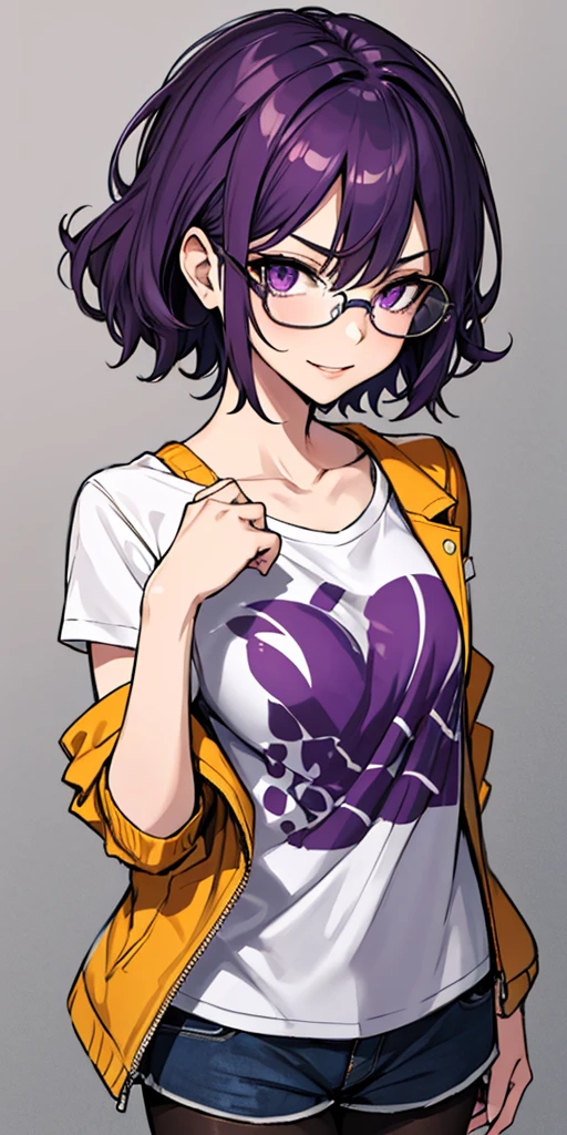 (masterpiece), best quality, expressive eyes, highres, anatomically correct, 1girl, perfect face, perfect hands, female, short hair, messy hair, wavy hair, purple hair, side bang, purple eyes, fair skin, medium chest, slight smirk, purple glasses, casual wear, cowboy shot, half body, perfect ???????, shorts, graphic t-shirt, jacket, casual wear, pantyhose,
