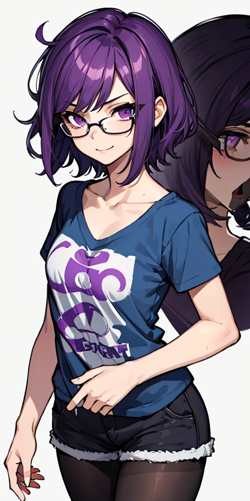 (masterpiece), best quality, expressive eyes, highres, anatomically correct, 1girl, perfect face, perfect hands, female, short hair, messy hair, wavy hair, purple hair, side bang, purple eyes, fair skin, medium chest, slight smirk, purple glasses, casual wear, cowboy shot, half body, perfect anatomy, shorts, graphic t-shirt, jacket, casual wear, pantyhose,