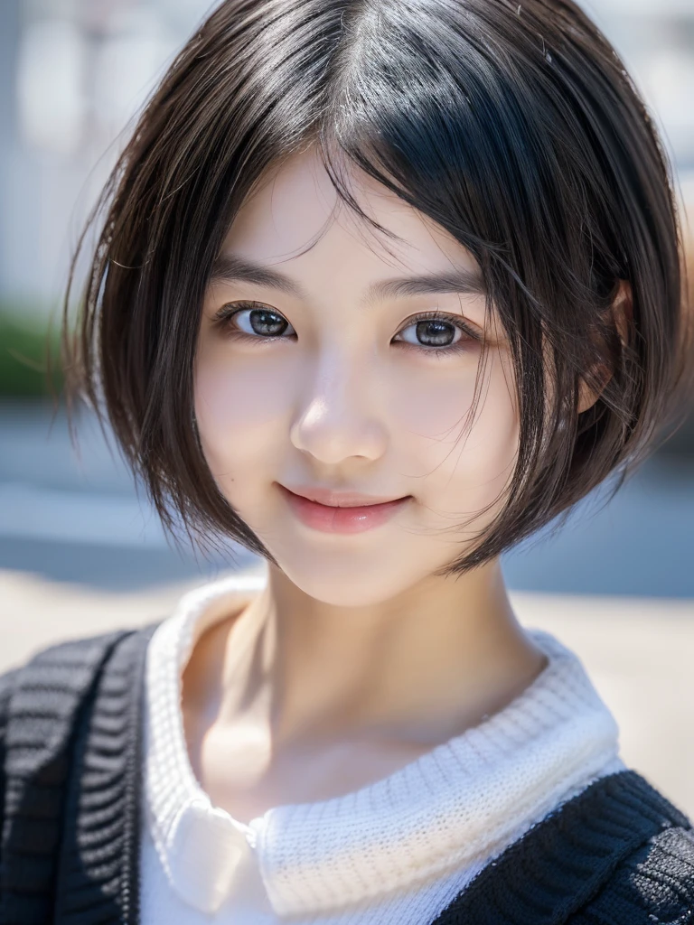 Best-Quality, Masterpiece, Ultra-High-Resolution, (Photorealistic:1.4), Raw-Photo, Hyper-Detailed, 1girl, (-yeld, Jaese famous idol, wearing loose sweater, portrait, face focus, (twinkle smile, looking at viewer), ((extremely cute face like a the most popular Japanese idol, amazingly beautiful big black eyes, beautiful black short-cut-haired, very beautiful white realistic skins)), detailed face, detailed eyes, detailed hair, detailed white realistic skins