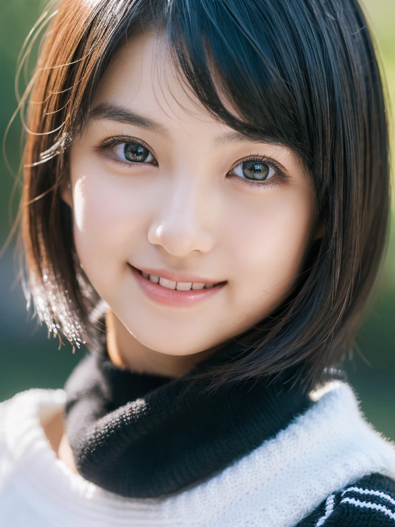 Best-Quality, Masterpiece, Ultra-High-Resolution, (Photorealistic:1.4), Raw-Photo, Hyper-Detailed, 1girl, (-yeld, Jaese famous idol, wearing loose sweater, portrait, face focus, (twinkle smile, looking at viewer), ((extremely cute face like a the most popular Japanese idol, amazingly beautiful big black eyes, beautiful black short-cut-haired, very beautiful white realistic skins)), detailed face, detailed eyes, detailed hair, detailed white realistic skins