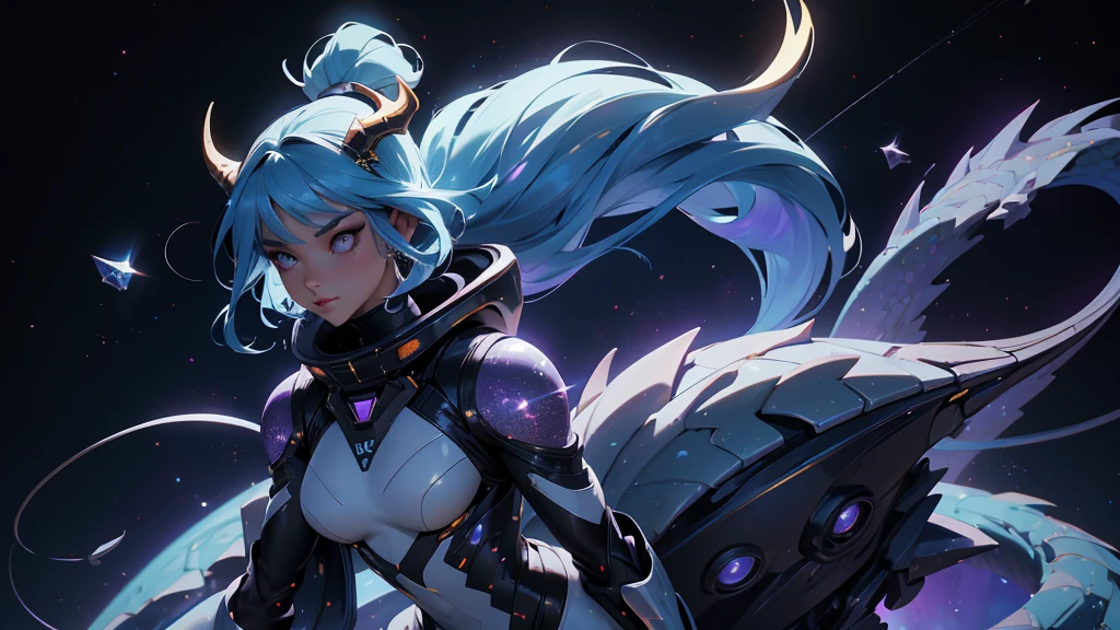 A space dragon sitting at the edge of the universe, lonely, sad, void, stars, the stars mixed in the sea, a sea of stars, ethereal woman, Blue and purple hair , space buns, space outfit, white black and gold outfit, golden dragon horns and tail, space outfit, space suit, mass effect suit, perfectly drawn face, black dress, stars detailed background, prismatic lighting, glitter, whole body, walking on the stars with crystal shoes A beautiful dragon humanoid woman with space hair of variant shades of blue and purple with space buns in hair , Golden scanes on the face and shoulders, Anime, 4k, Beautiful woman with a golden dragon tail and horns, Space hair, Floating in space, Vintage space Attire, floating through space, dancing, havign fun, Space Witch, Witch, Older woman, Toned physique, long hair with side bangs, humanoid face with scales, human with dragon horns and tail, witch outfit, body suit, thigh boots, wearing black, white and gold, blue hair, purple hair, Woman in space with water rippling reflecting the night sky, space and water mixed today, dancing in space, floating, ethereal dragon at the edge of the universe, end of the universe