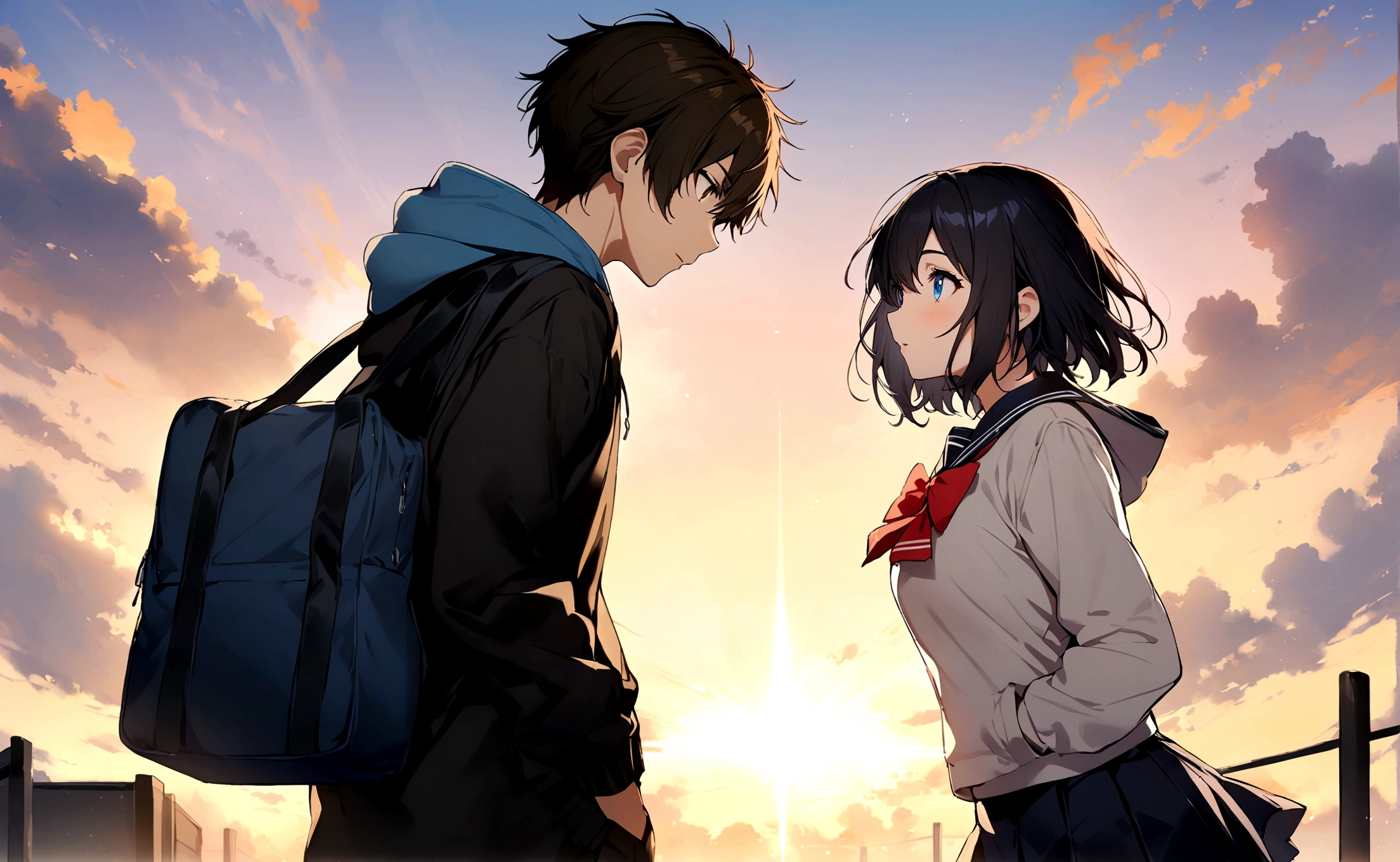 masterpieces,best qulity,1girl, short hair, blue eyes, school uniform skirt,bow, black hair, 1boy,short hair, black hair, brown eyes, school uniform, hood, hoodie, sky, cloud, sunrise, looking at another, eye contact, miyamizu mitsuha