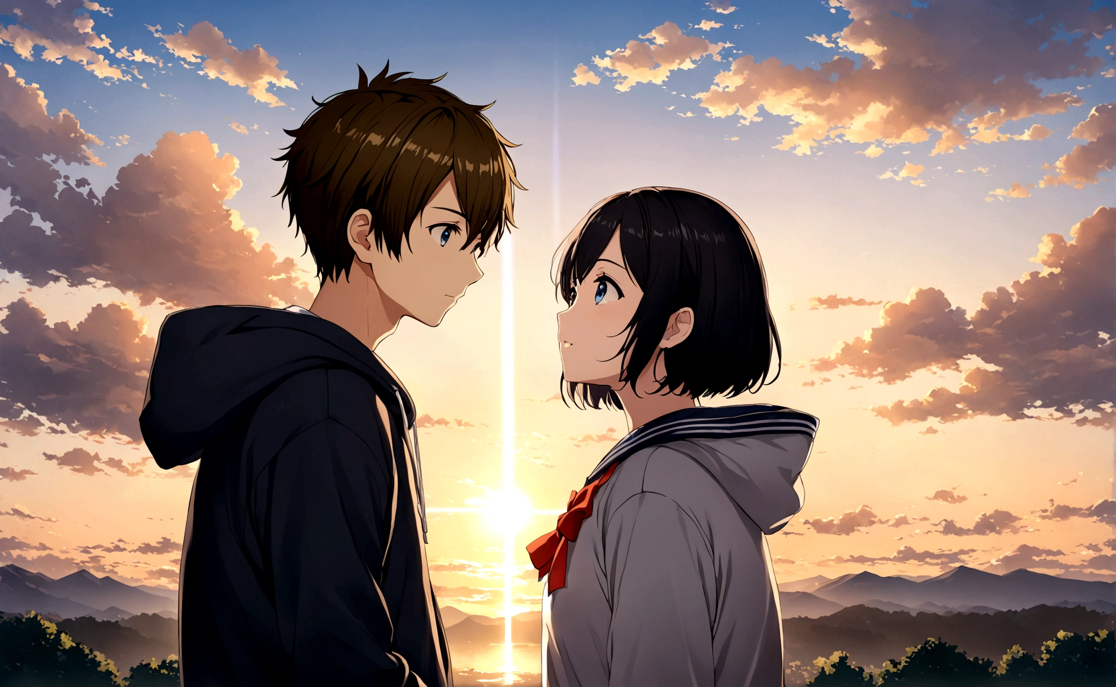 masterpieces,best qulity,1girl, short hair, blue eyes, school uniform skirt,bow, black hair, 1boy,short hair, black hair, brown eyes, school uniform, hood, hoodie, sky, cloud, sunrise, looking at another, eye contact, miyamizu mitsuha