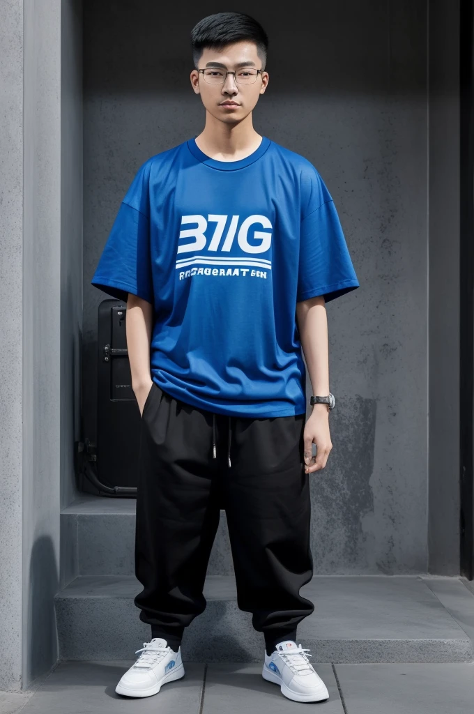 21 year old Beijing boy, he is wearing a oversize xxl blue plain t-shirt, he is wearing black trousers, he is wearing sneakers, he is wearing glasses, city, full body, he is buzz cut Hair, foot, walking