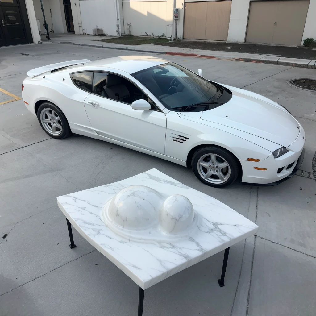 A white marble car is parked on the table, modified car, Heavily modified cars, Made of Carrara marble, made of marble, Made of liquid metal and marble, prototype car, a Marble Sculpture, Inspired by William Claisson Hedda, 用白色marble carving而成, Marble Sculpture, Eero Aarnio, marble carving, Marble Sculptures