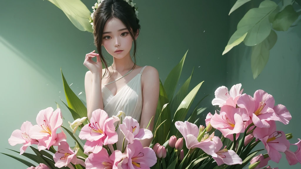 32k, Masterpiece, Highest quality, One girl, Detailed eyes, flower,gladiolus, Green and pink style,A dreamy, romantic piece,Pale pink, Mysterious Leaves,A playful arrangement,Fantasy,High Contrast,Ink strokes,explosion,Exposure, Impression of green and white tones,Abstract,((Watercolours by John Berkey and Jeremy Mann )) Brush strokes,Negative Space, Tyndall effect,