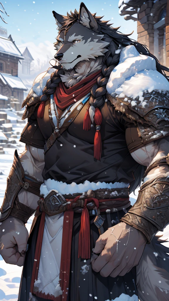 (photorealistic:1.4), 8k, (masterpiece), best quality, highest quality, (highly detailed fur:1.5), (detailed muscles:1.4), (detailed face:1.5), (realistic eyes), original, highres, unparalleled masterpiece, ultra realistic 8k, perfect artwork, grey wolf, male, middle aged, (general:1.2), armor, scars, long hair, braided hair, white braids, cold northern environment, (snowy:1.2), (ruins of snow-covered village:1.3)