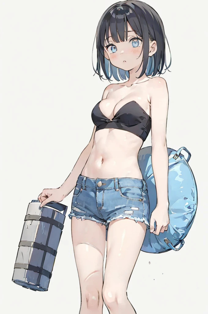 1girl, strapless, black tube top, denim shorts, Cleavage, navel, simple background, sunny day,