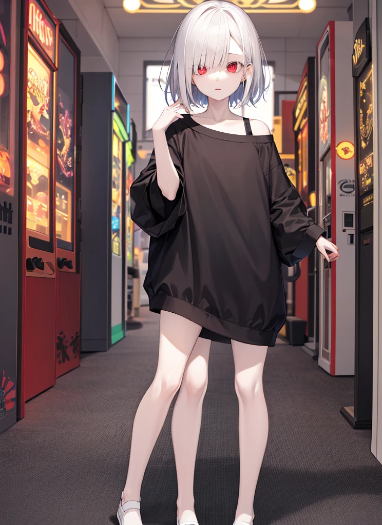 ((best quality)), ((highly detailed)), masterpiece, absurdres, (detailed eyes, deep eyes), (1girl), different views, full body, ((wide shot)), oversized clothes, oversized sweater, albino, white hair, short hair, red eyes, eyelashes, very pale skin, skinny, (long legs), (indoors, in an arcade)