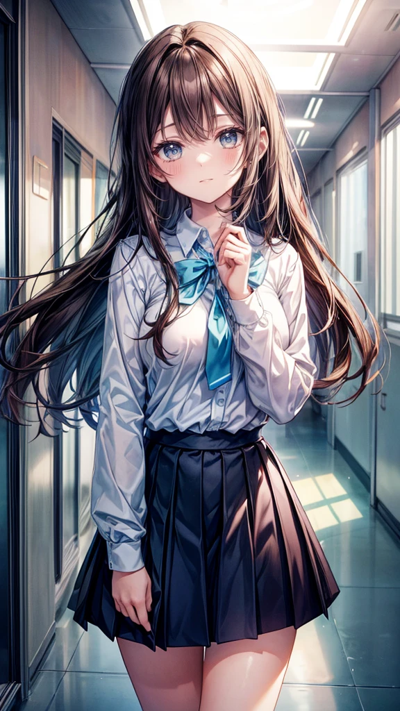 A beautiful 18-year-old girl looks at the viewer, long beautiful dark brown hair, beautiful light blue eyes, white and blue school shirt, blue-black school skirt, medium breast, cute face, gentle eyes, light smile, school hallway, anime, high detail, ultra-high quality, 8K 