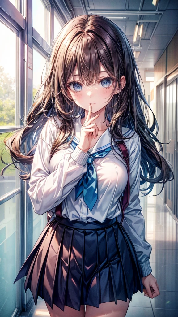 A beautiful 18-year-old girl looks at the viewer, long beautiful dark brown hair, beautiful light blue eyes, white and blue school shirt, blue-black school skirt, medium breast, cute face, gentle eyes, light smile, school hallway, anime, high detail, ultra-high quality, 8K 