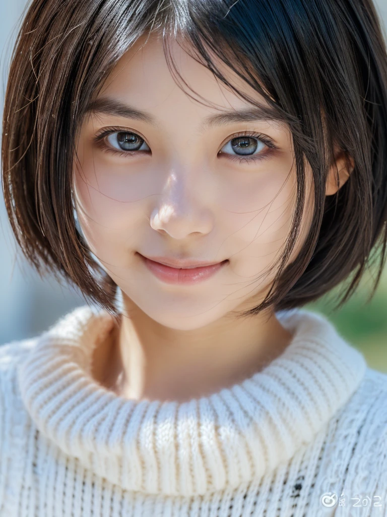 Best-Quality, Masterpiece, Ultra-High-Resolution, (Photorealistic:1.4), Raw-Photo, Hyper-Detailed, 1girl, (15-years-old, Japanese famous idol, wearing loose sweater, portrait, face focus, (twinkle smile, looking at viewer), ((extremely cute face like a the most popular Japanese idol, amazingly beautiful big black eyes, beautiful black short-cut-haired, very beautiful white realistic skins)), detailed face, detailed eyes, detailed hair, detailed white realistic skins