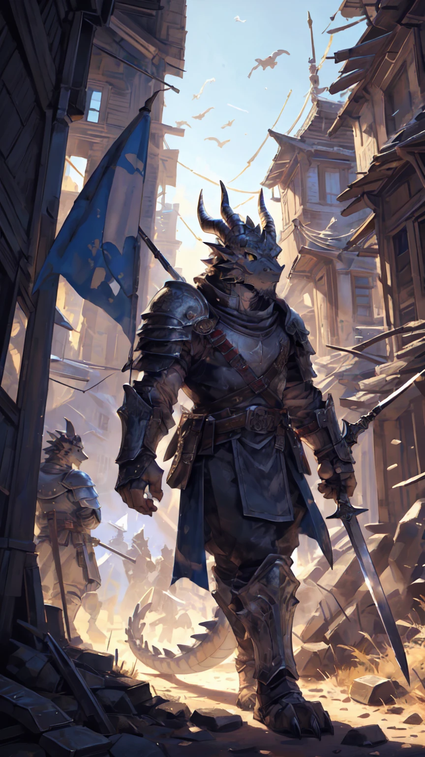 ((middle Ages:1.4,Battlefield Background:1.4)),(There are teammates behind:1.6),((Crusu:1.3)),Sunlight,high resolution,4K,gay,(((whole body:1.1,Strike a pose))),masterpiece,high quality,((dragon)),male,dragonFurry,(ager:1.3),hairy,((brave,Evil face:1.4)),((Kill your enemies bravely)),((Holding a long sword:1.2)),(((strong:1.4,Long legs:1.3,Thick dragon tail:1.2))),(((Gray heads:1.2,Golden pupils:1.2,White Neck:1.3,Gray back of hands:1.4,White Skin:1.3))),(((White Armor:1.3,There is a blue flag on the armor:1.4))),Mature face,Exquisite eyes,Detailed body,Detailed hands,Detailed feet,Kenket's Art