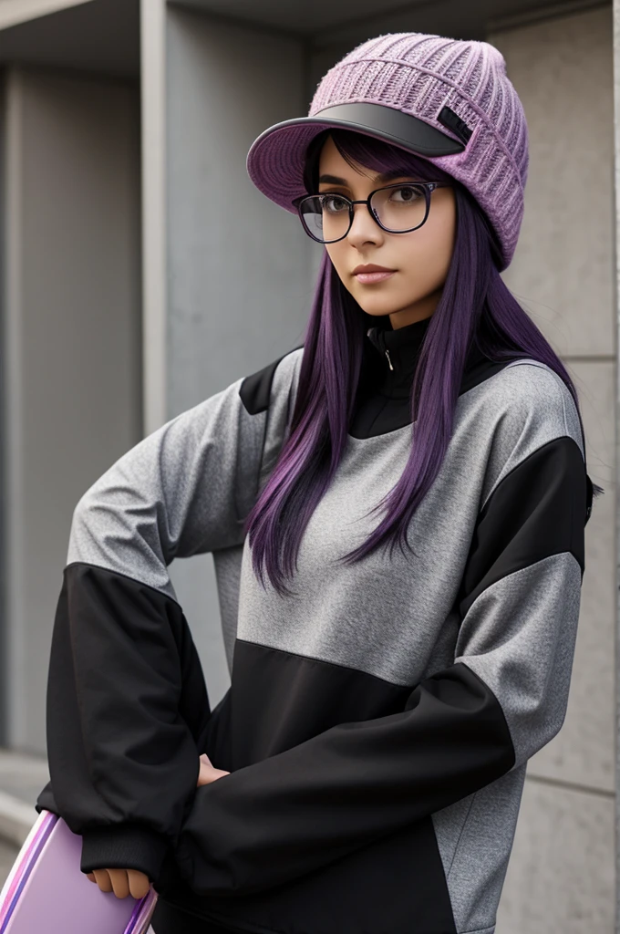 female character, tall slim build, dark purple hair, light purple eyes, clear skin, thin black glasses, a light brown winter hat on, light black clothing, the right sleeve is light black and the other left sleeve is black with pink pieces., light gray tennis shoes