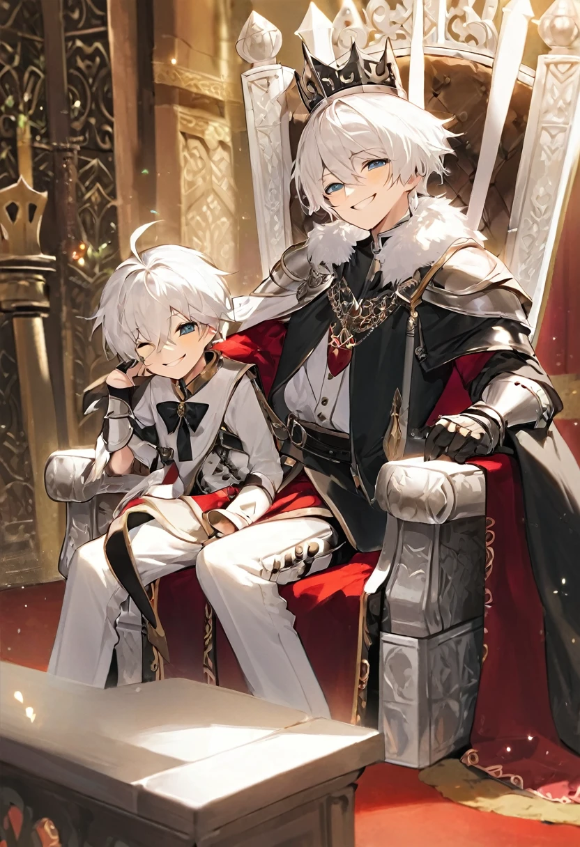 White white hair boy in a smirking face sitting in a throne and with a knight bow