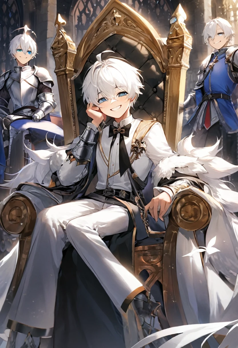 White white hair boy in a smirking face sitting in a throne and with a knight bow