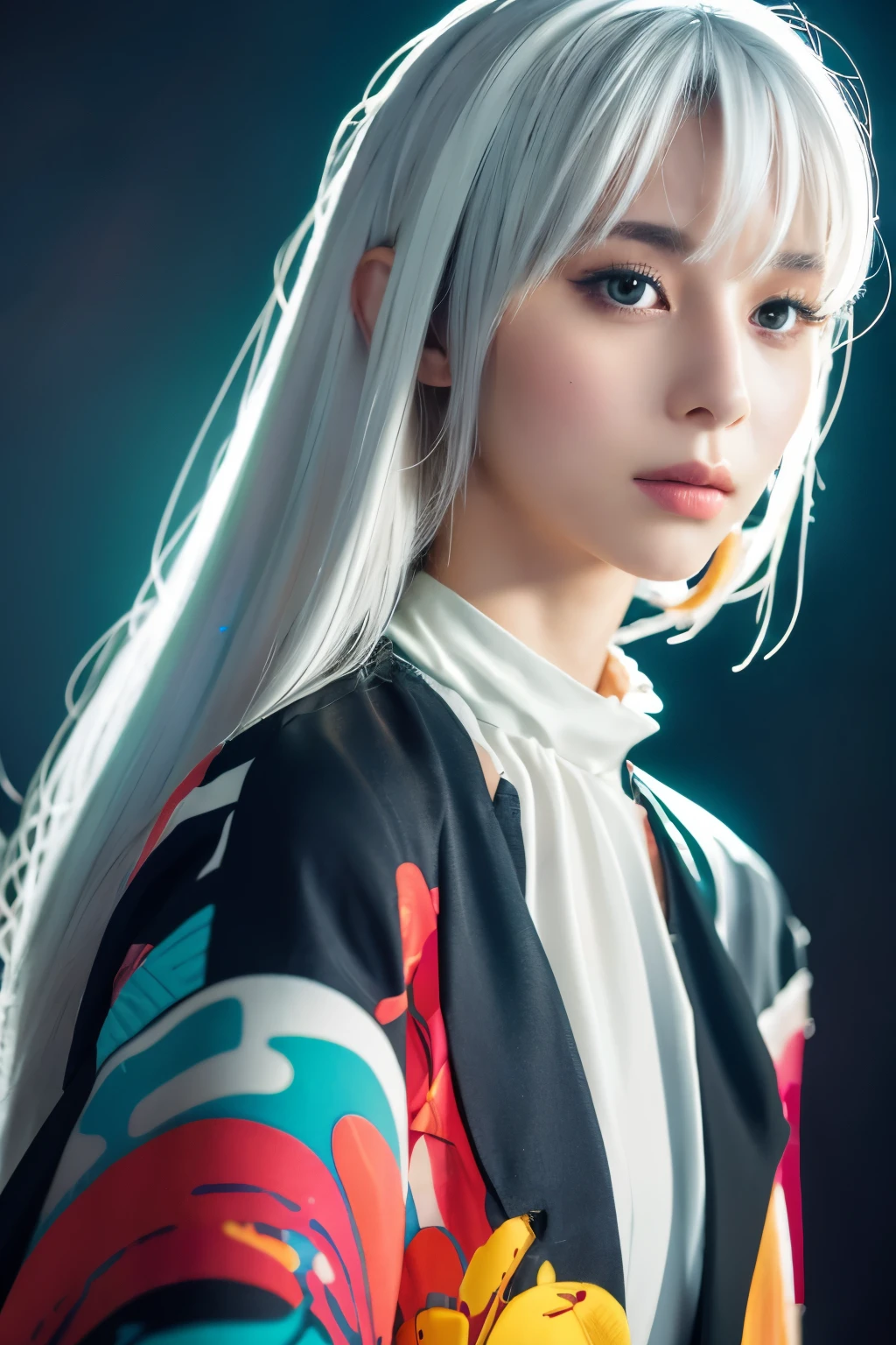 Masterpiece, high quality, high resolution, 8K, (solo:1.2), ((1girl)), Japanese woman, detailed face, detailed eyes, correct body structure, upper body, ((White hair:1.2)), very long hair, messy hair, slender body, seductive silhouette, luminous bones, depth of field, dark photo at nighttime, dimly lit, bangs, Cinematic Lighting, Tyndall effect, abstract background, futuristic outfits, vibrant colors, modern style, wide sleeves, artistic, unique patterns, colorful, stylish, trendy