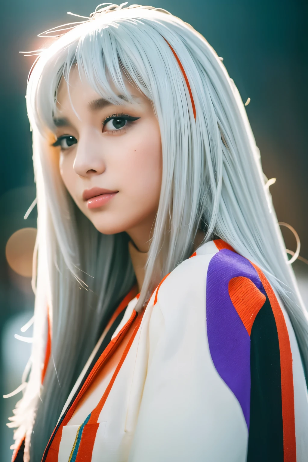 Masterpiece, high quality, high resolution, 8K, (solo:1.2), ((1girl)), Japanese woman, detailed face, detailed eyes, correct body structure, upper body, ((White hair:1.2)), very long hair, messy hair, slender body, seductive silhouette, luminous bones, depth of field, dark photo at nighttime, dimly lit, bangs, Cinematic Lighting, Tyndall effect, abstract background, futuristic outfits, vibrant colors, modern style, wide sleeves, artistic, unique patterns, colorful, stylish, trendy