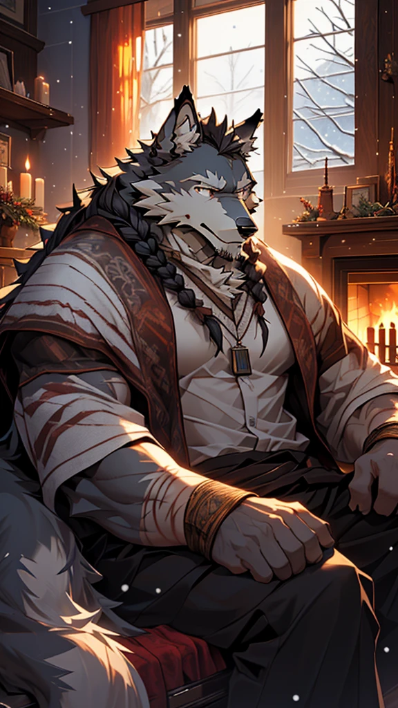 (masterpiece), (photorealistic:1.4), (1boy), (detailed face:1.2), (wolf male:1.5), (old：1.9）, (aged), (retired general),(muscular build), (gray fur:1.3), (long white beard), (long white braided hair), (loose shirt), (sitting), (resting), (calm expression), (peaceful eyes), (many scars), (scar on face), (scar on body), (indoors),  (cold northern region), (room), (fireplace), (fire), (window), (snow outside), (winter), (night), (dim lighting), (cinematic lighting)