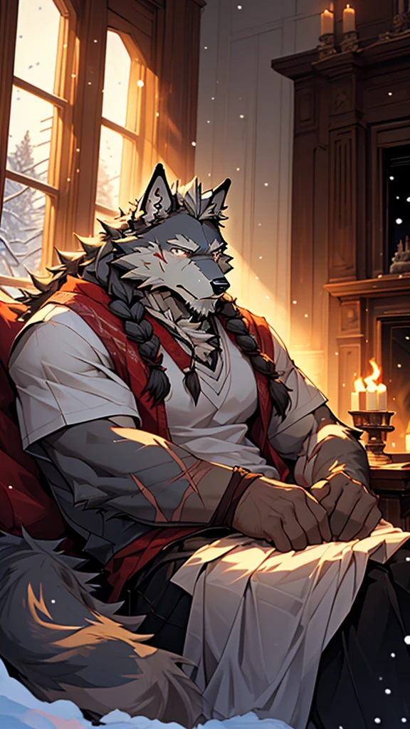 (masterpiece), (photorealistic:1.4), (1boy), (detailed face:1.2), (wolf male:1.5), (old：1.9）, (aged), (retired general),(muscular build), (gray fur:1.3), (long white beard), (long white braided hair), (loose shirt), (sitting), (resting), (calm expression), (peaceful eyes), (many scars), (scar on face), (scar on body), (indoors),  (cold northern region), (room), (fireplace), (fire), (window), (snow outside), (winter), (night), (dim lighting), (cinematic lighting)