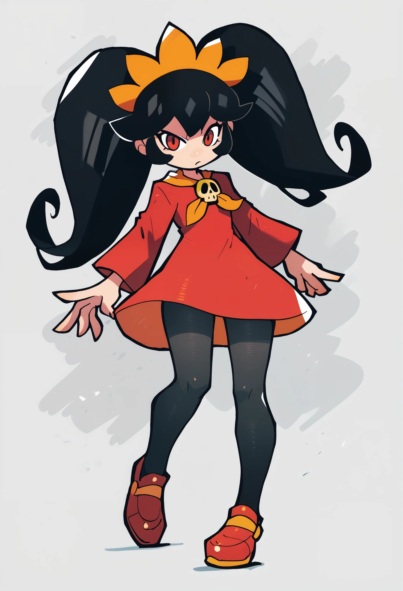 rariatto, score_9, score_8_up, score_7_up, score_6_up, score_5_up, score_4_up, source_anime, ashleywario, 1girl, twintails, red eyes, long hair, black hair, dress, orange hairband, red dress, big hair, skull, shoes, pantyhose, hairband, black pantyhose, orange neckerchief, 