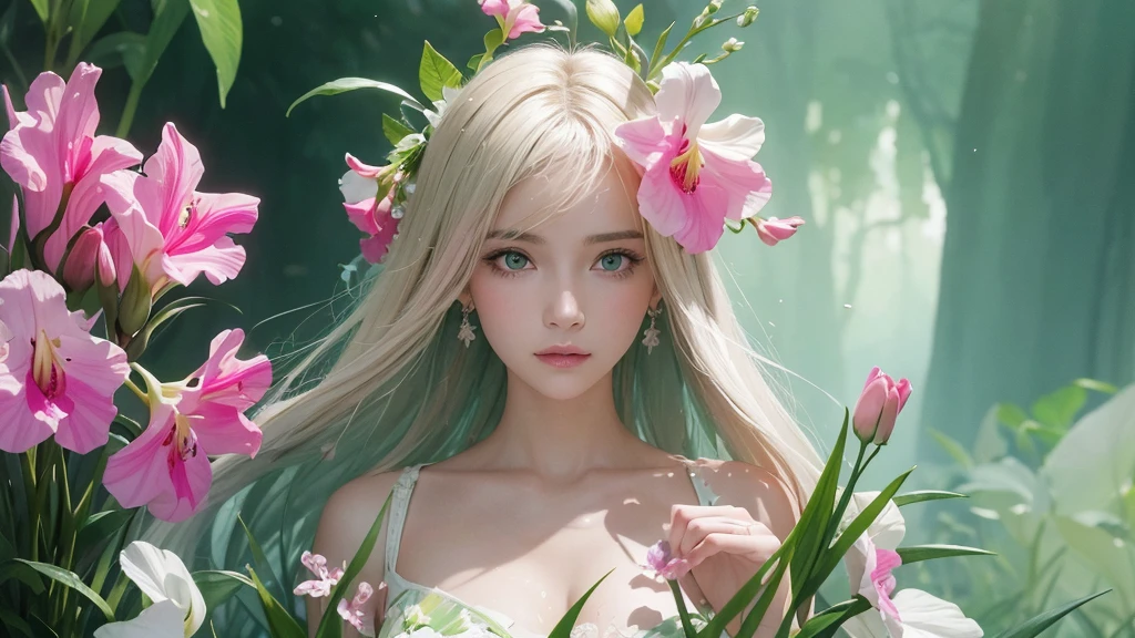 32k, Masterpiece, Highest quality, One girl, Detailed eyes, flower,gladiolus, Green and pink style,A dreamy, romantic piece,Pale pink, Mysterious Leaves,A playful arrangement,Fantasy,High Contrast,Ink strokes,explosion,Exposure, Impression of green and white tones,Abstract,((Watercolours by John Berkey and Jeremy Mann )) Brush strokes,Negative Space, Tyndall effect,